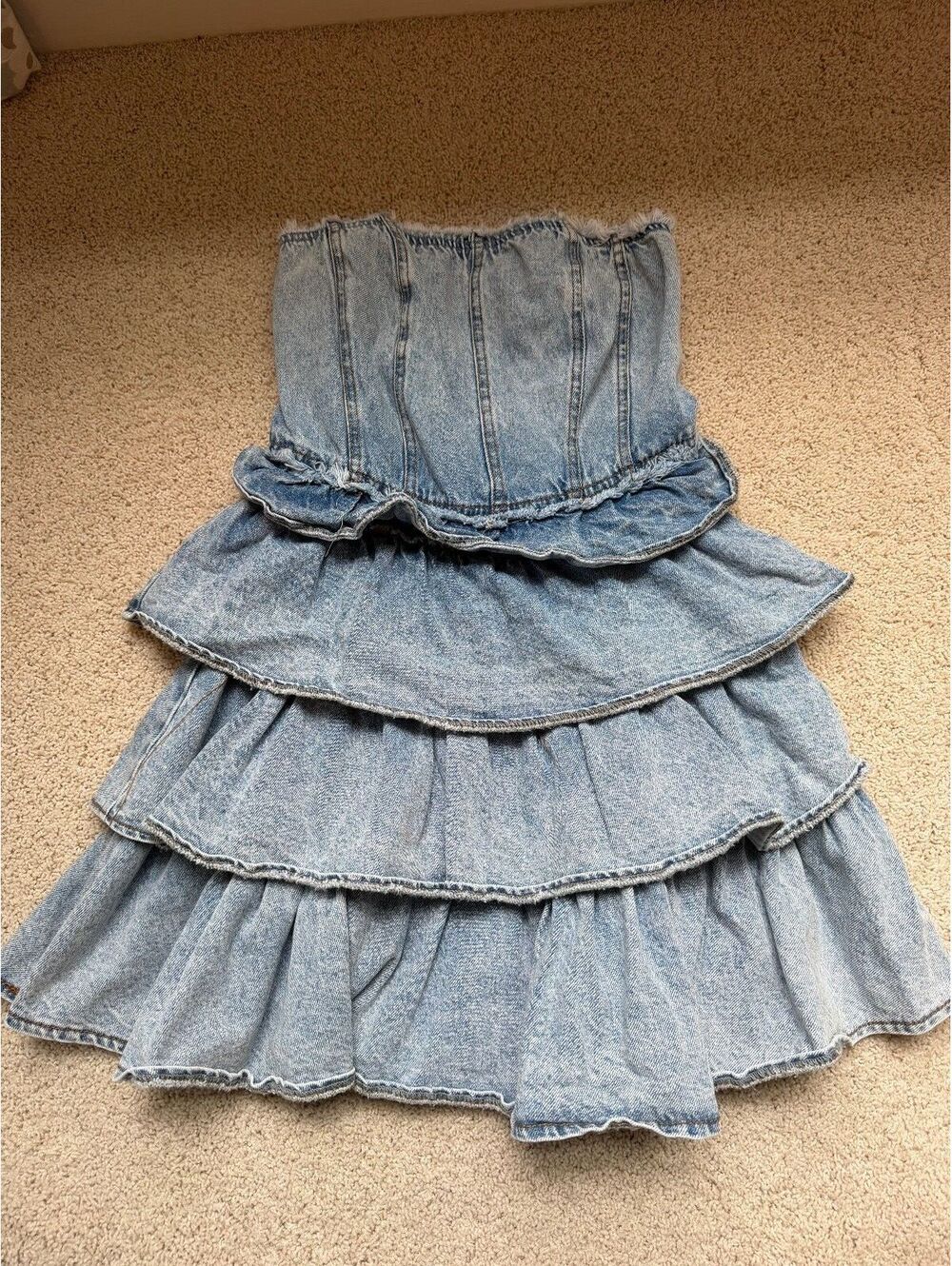 Forever 21 Light Wash Denim Tiered Ruffle Corset Mini Dress Size Small
